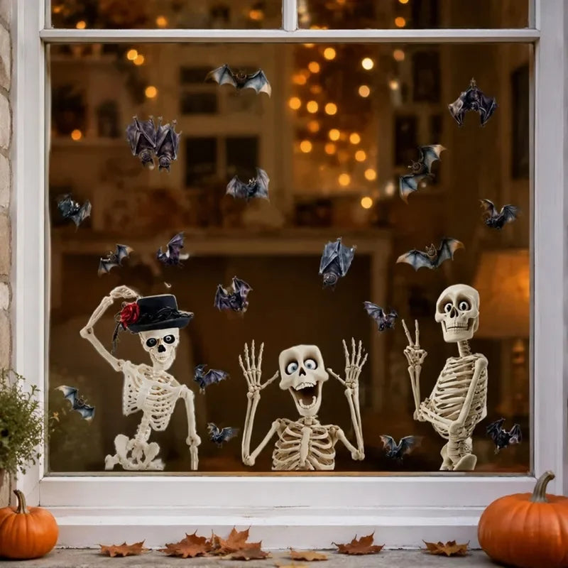 Halloween Window Stickers – Reusable Skeleton & Bat Wall Decorations