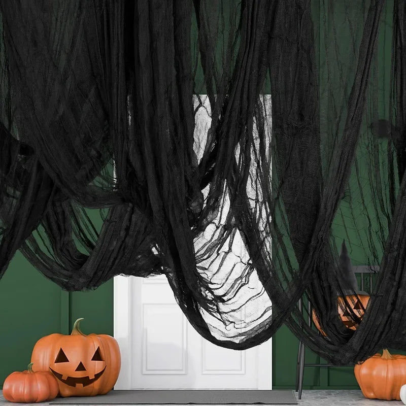Halloween Black Creepy Gauze Cloth – Haunted House Window & Door Decor (76x183cm)