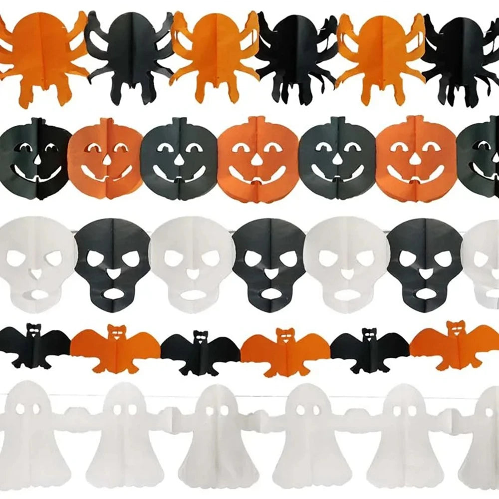 Halloween Paper Garland Banner – Spider, Pumpkin, Ghost & Bat Party Decoration