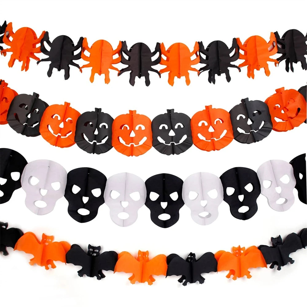 Halloween Paper Garland Banner – Spider, Pumpkin, Ghost & Bat Party Decoration