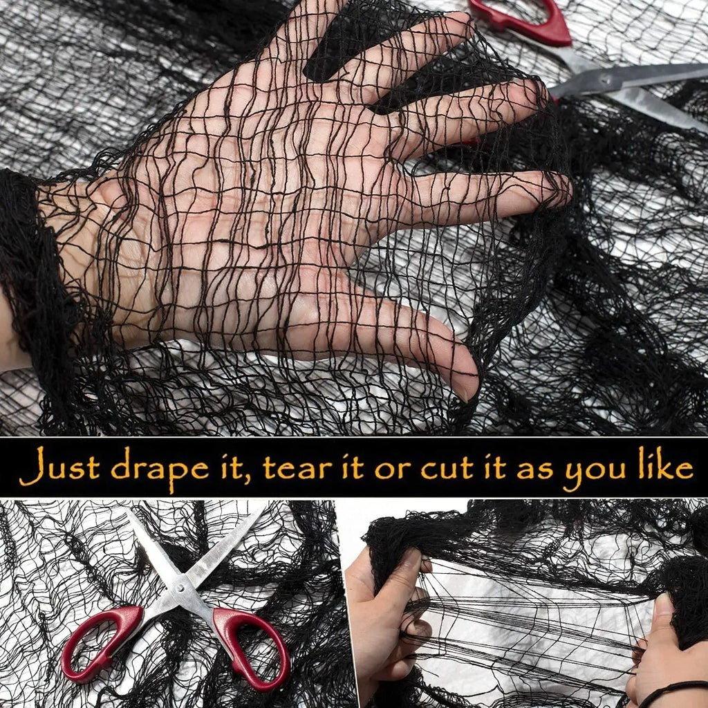 Halloween Black Creepy Gauze Cloth – Haunted House Window & Door Decor (76x183cm)