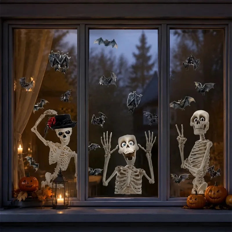 Halloween Window Stickers – Reusable Skeleton & Bat Wall Decorations