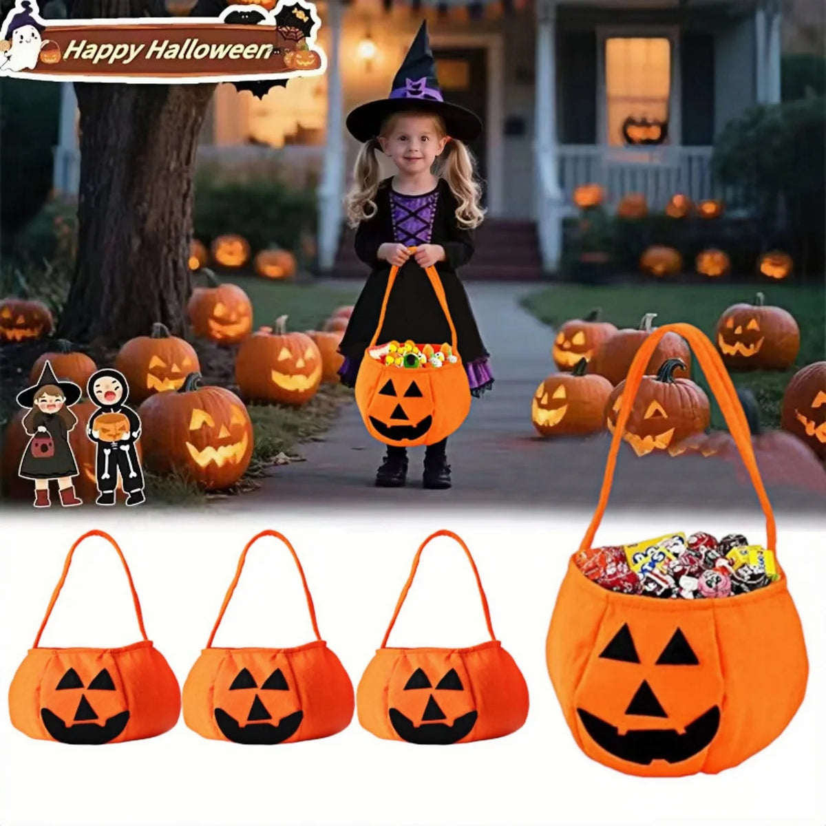 Halloween Pumpkin Candy Bags for Kids – Trick or Treat Buckets (3pcs)