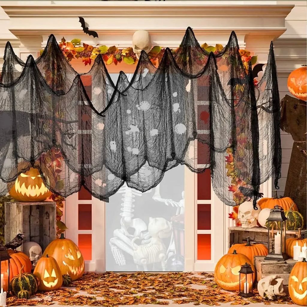 Halloween Black Creepy Gauze Cloth – Haunted House Window & Door Decor (76x183cm)