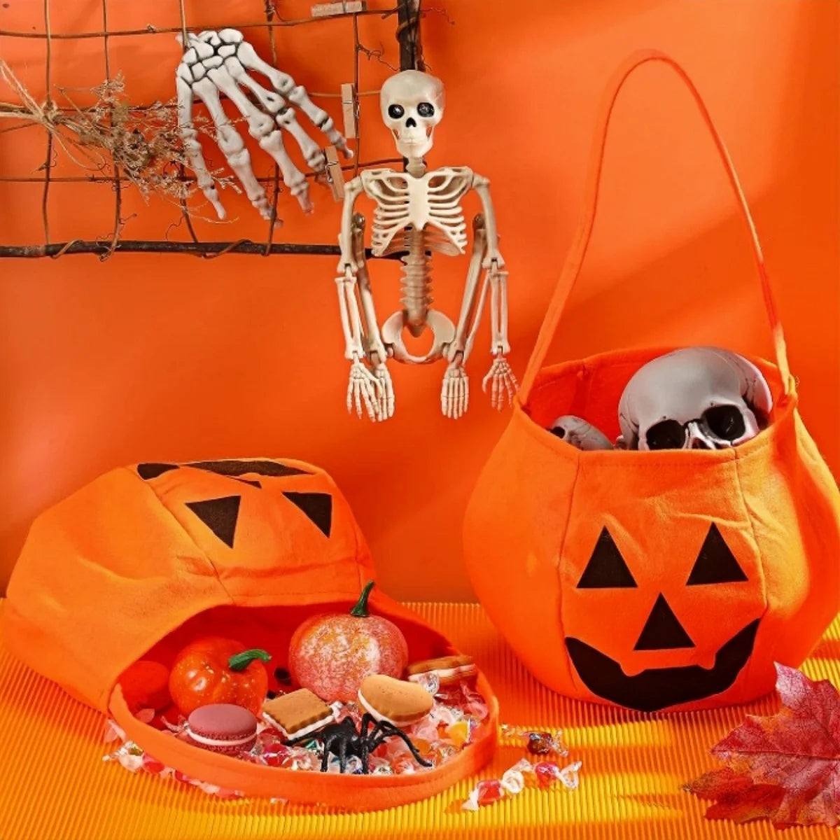 Halloween Pumpkin Candy Bags for Kids – Trick or Treat Buckets (3pcs)