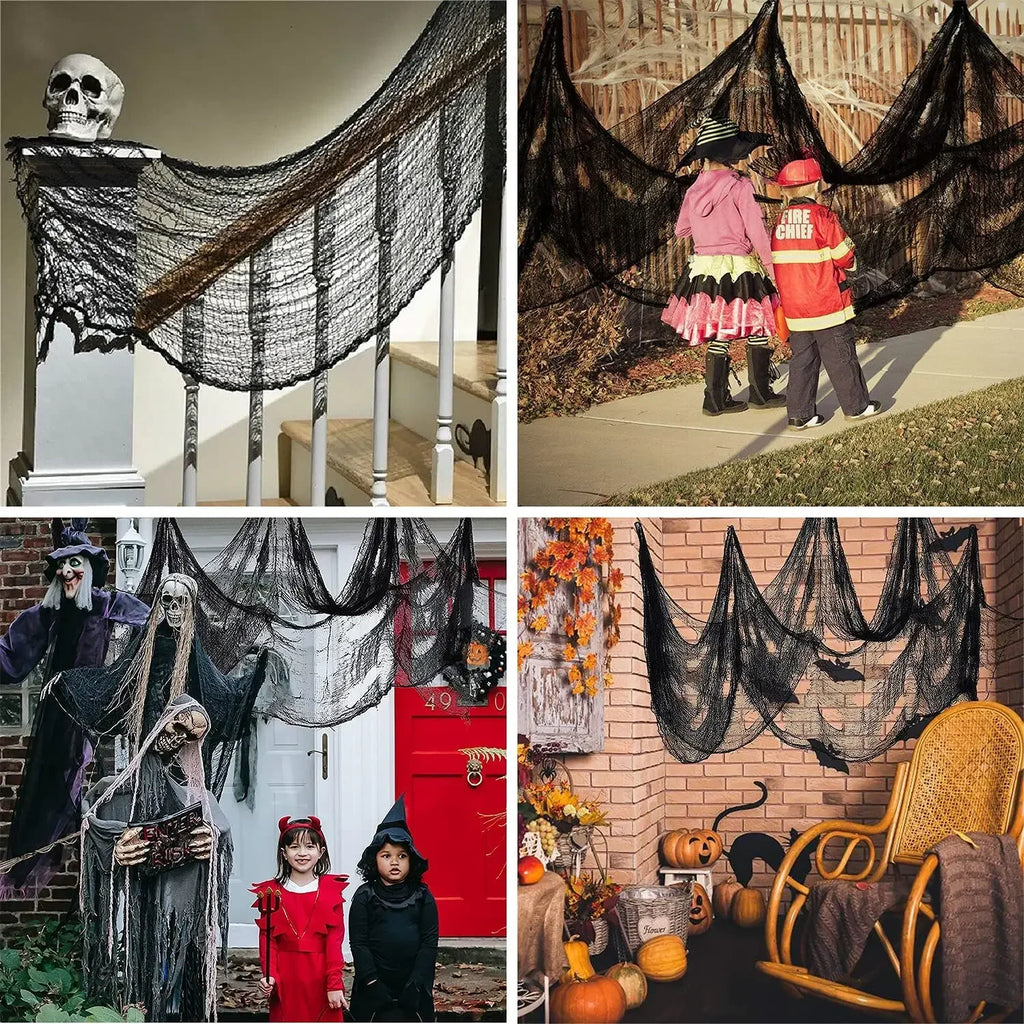 Halloween Black Creepy Gauze Cloth – Haunted House Window & Door Decor (76x183cm)