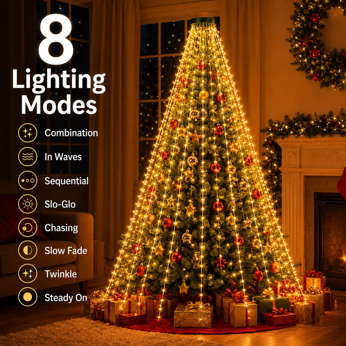 USB Christmas Tree String Lights – 8 Modes, Full Coverage