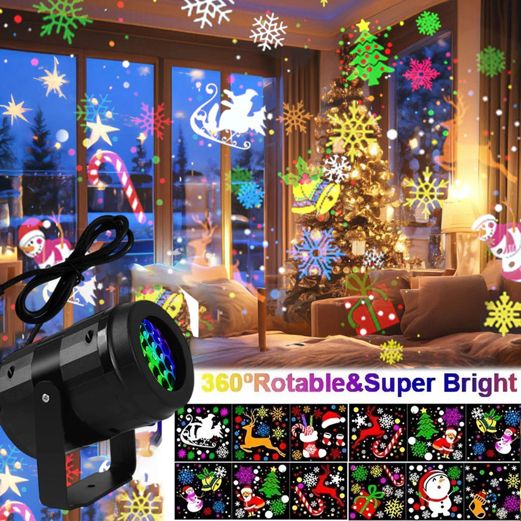 LED Christmas Projector Light – 16 Patterns, USB Rotating