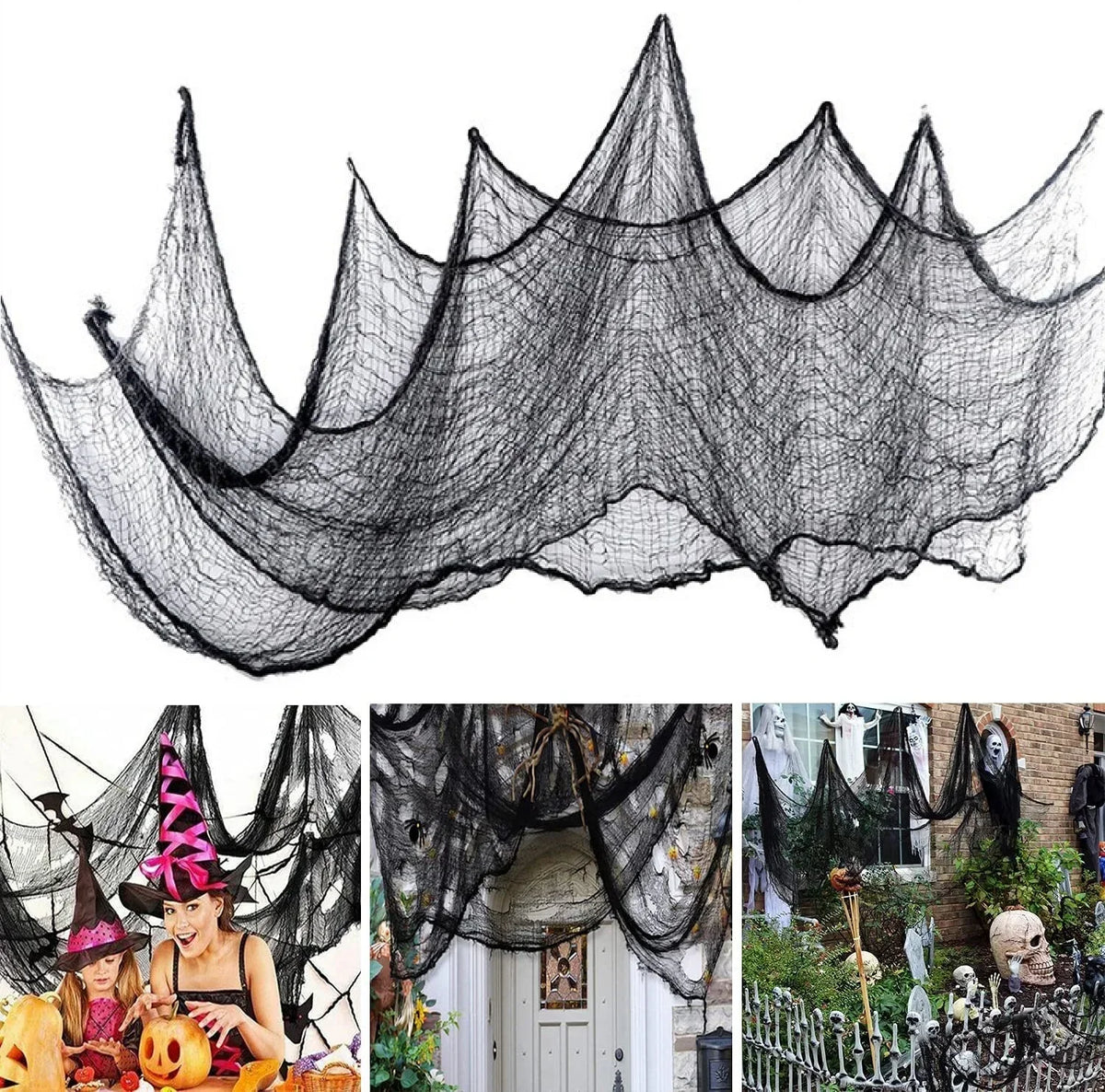 Halloween Black Creepy Gauze Cloth – Haunted House Window & Door Decor (76x183cm)