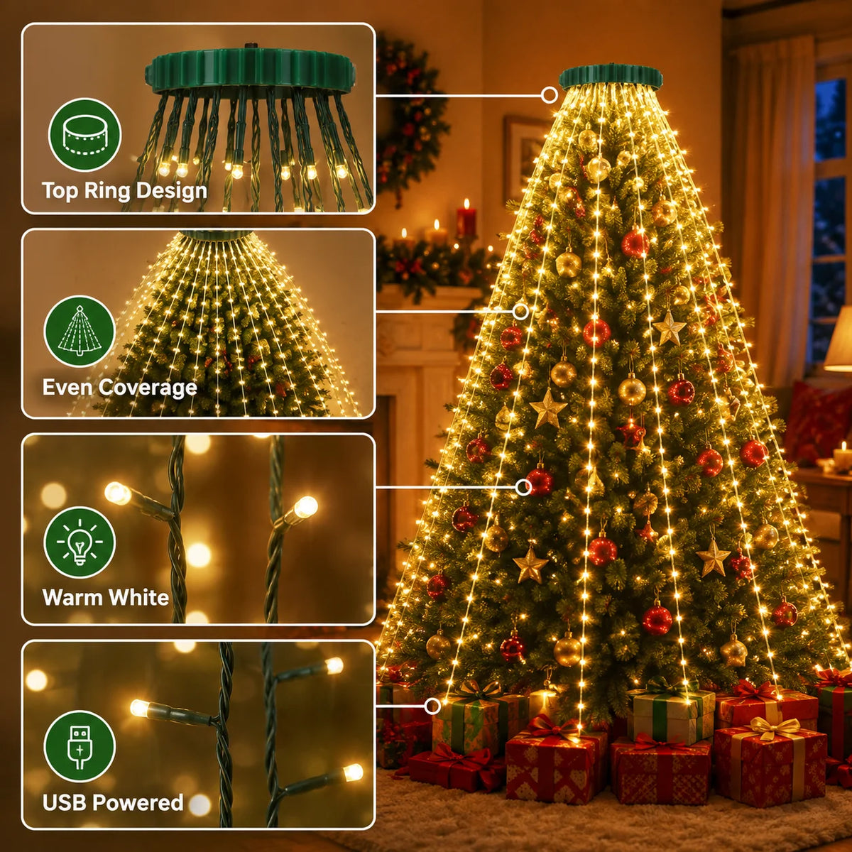 USB Christmas Tree String Lights – 8 Modes, Full Coverage