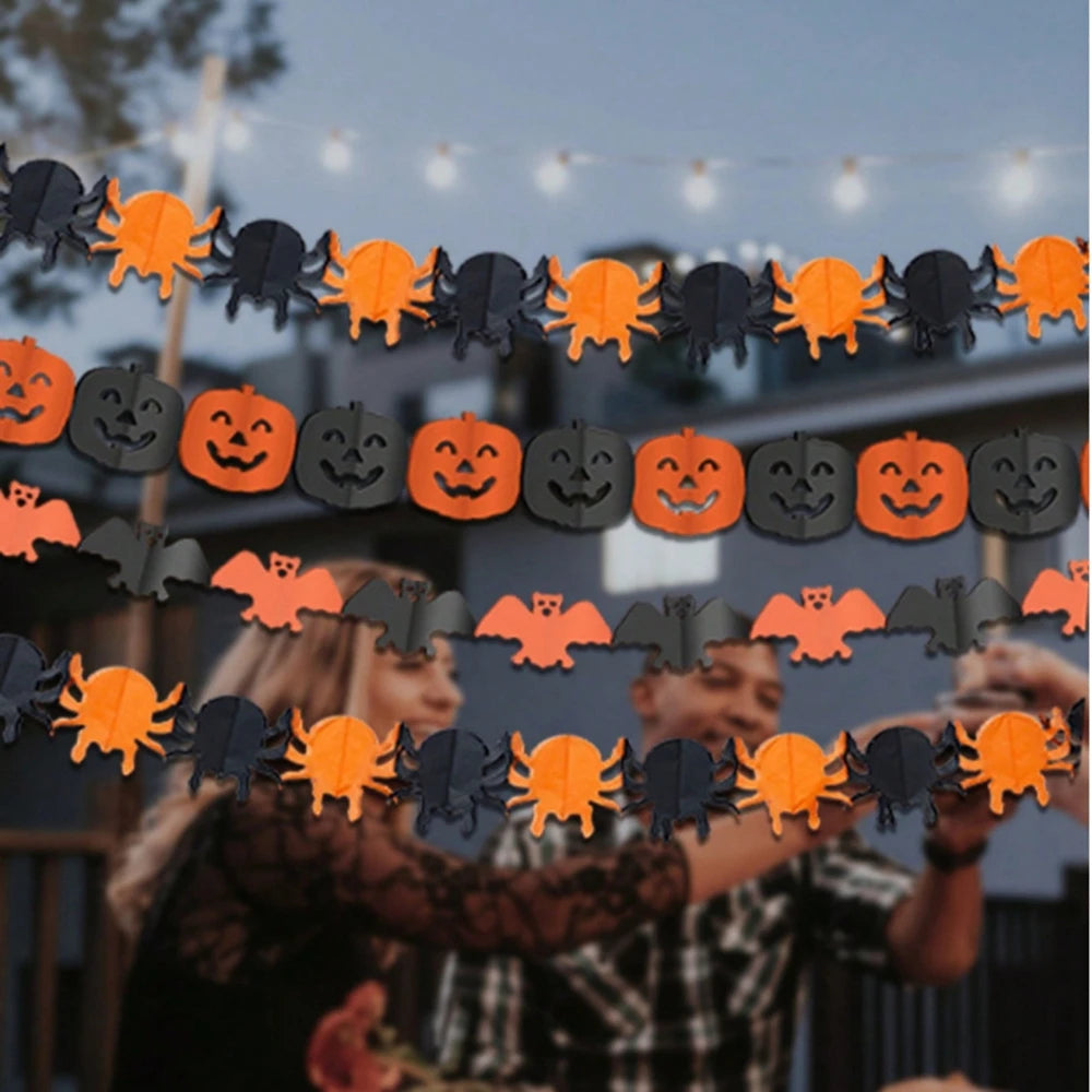 Halloween Paper Garland Banner – Spider, Pumpkin, Ghost & Bat Party Decoration