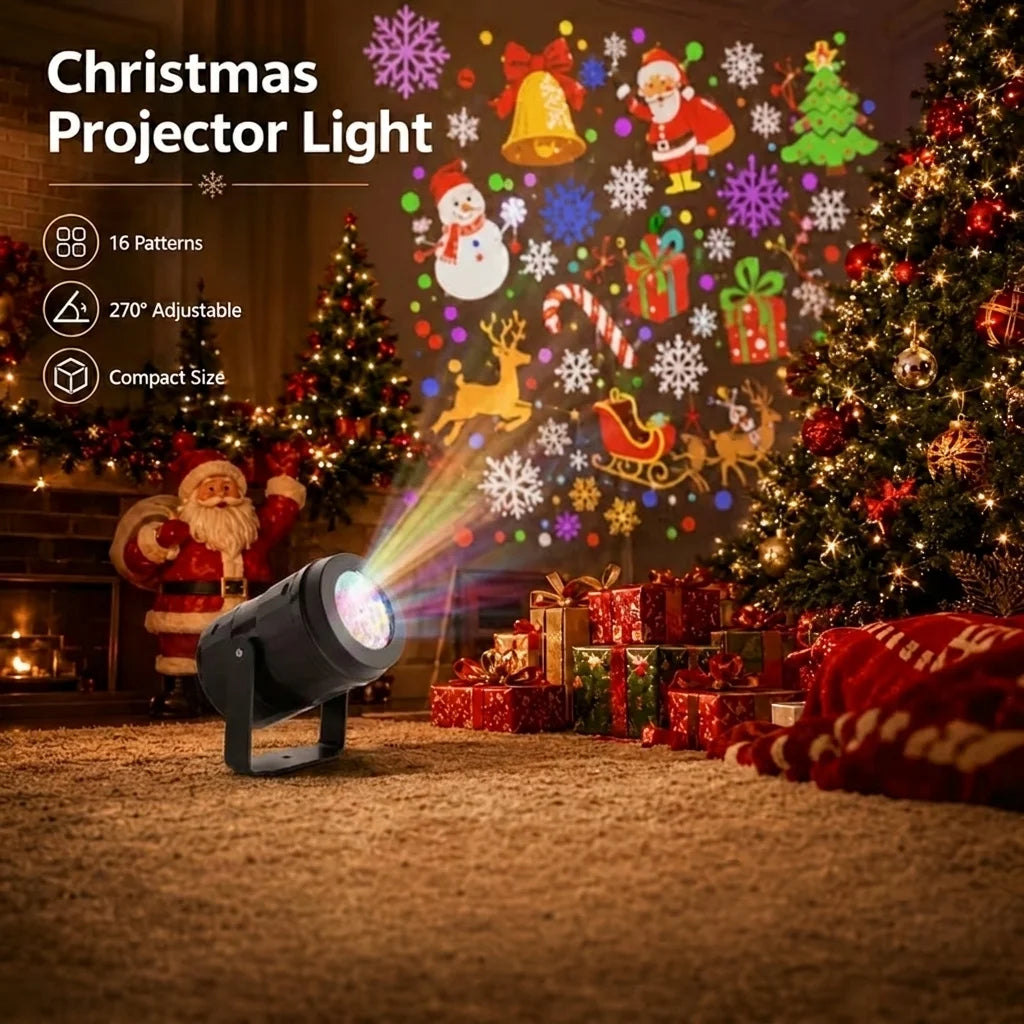 LED Christmas Projector Light – 16 Patterns, USB Rotating