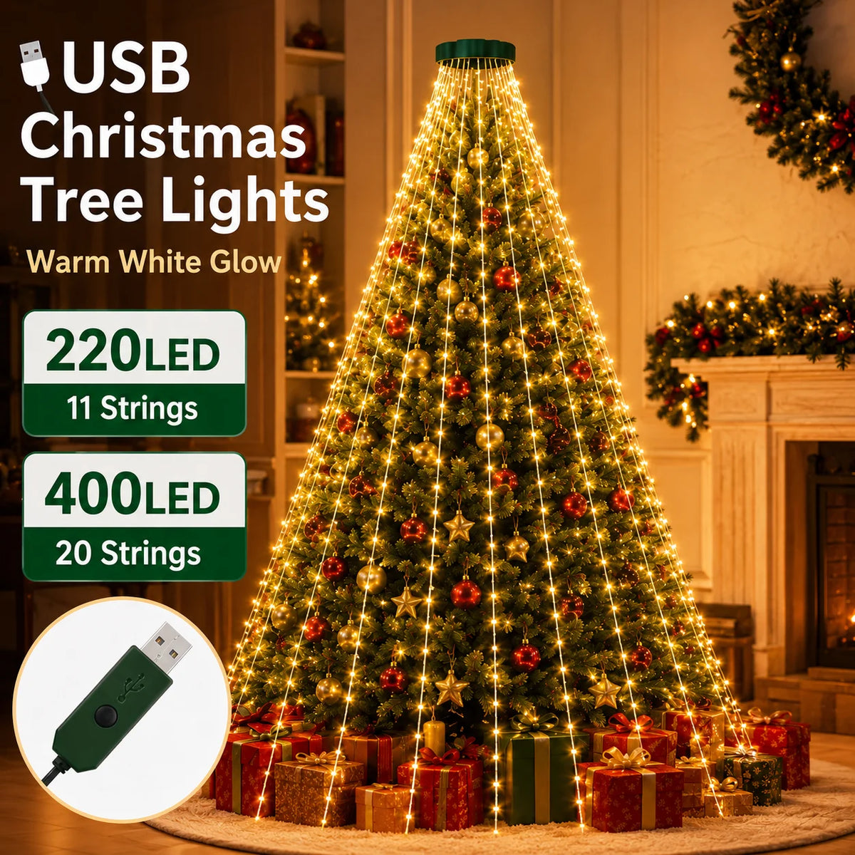 USB Christmas Tree String Lights – 8 Modes, Full Coverage
